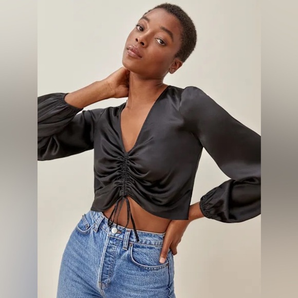 Black Ruched Satin Tie Front Long Sleeve Blouse - Picture 7 of 9